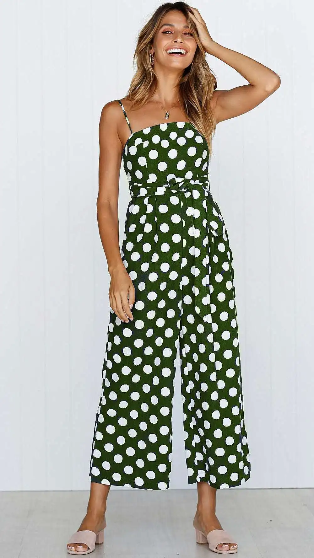 Fashion Open Back Polka Dot Printed Shoulder Strap Chiffon Suspenders One-piece Wide-leg Pants Ladies Jumpsuit Summer Vestidos