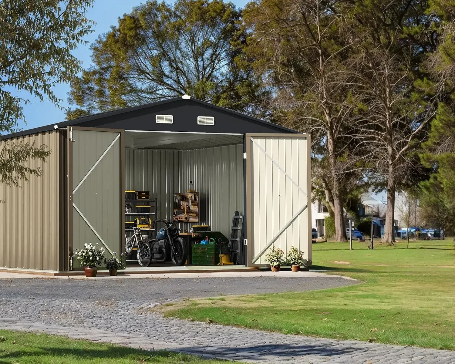 Greesum Metal Outdoor Storage Shed 10FT x 10FT, Steel Utility Tool Shed Storage House with Door & Lock, Metal Sheds Outdoor Sto