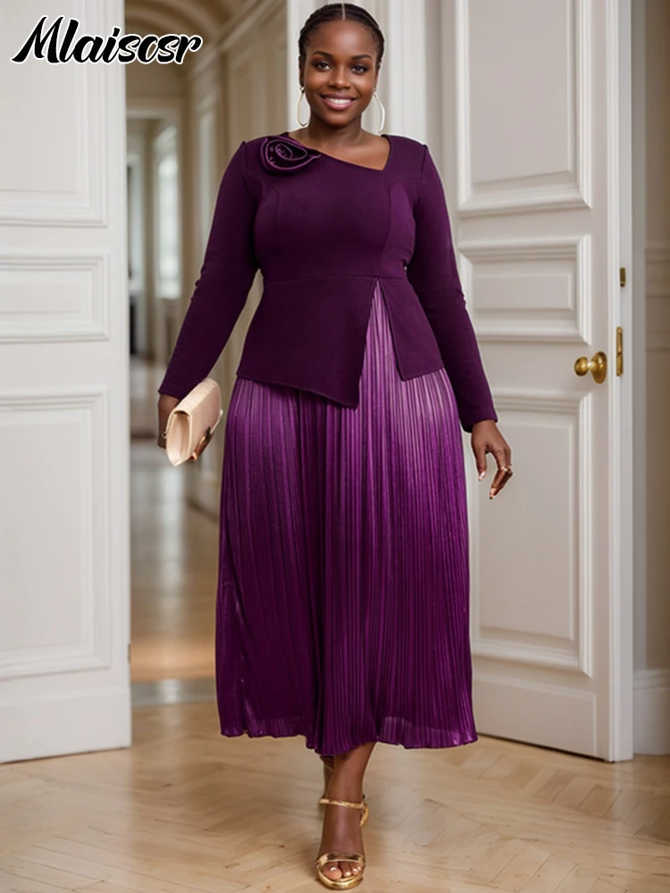 Mlaiscsr Elegant Luxury Wedding Guest Dress Women Clothes 3D Flower Long Sleeve A Line Purple Pleated Vestidos Evening Birthday