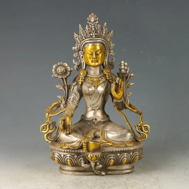 Chinese Antique Tibet Silver Gilt Carved Figure Of Buddha Statue