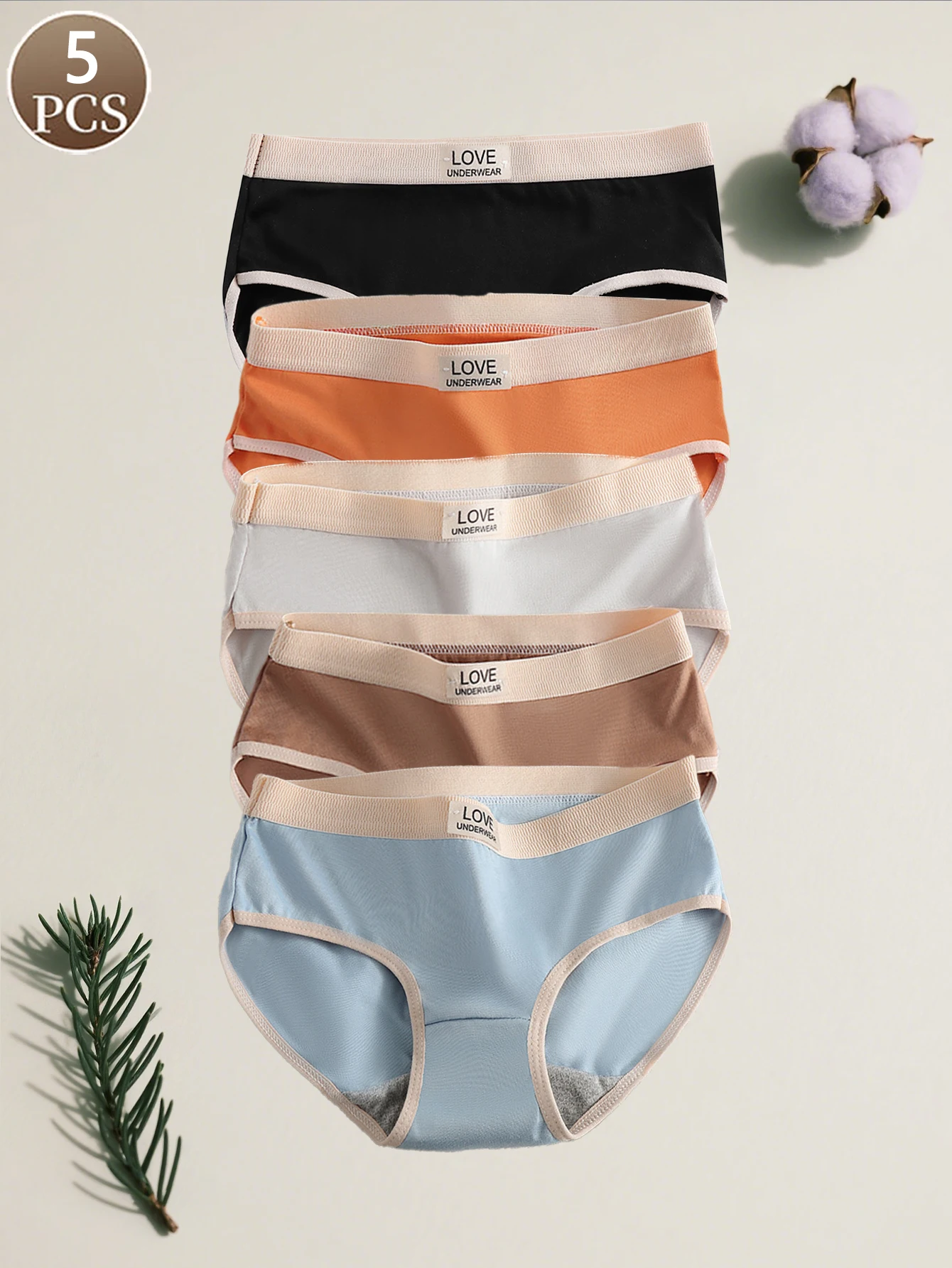 5PCS women's panties knitted solid color letter printed underwear mid waist casual sports comfortable women's briefs