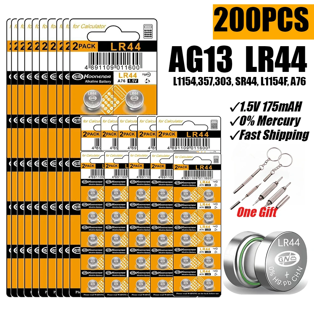 200PCS AG13 Battery LR44 357 Button Coin Cell Batteries 303 SR44 L1154F A76 for Watches Blood Glucose Meter Toys Music Books