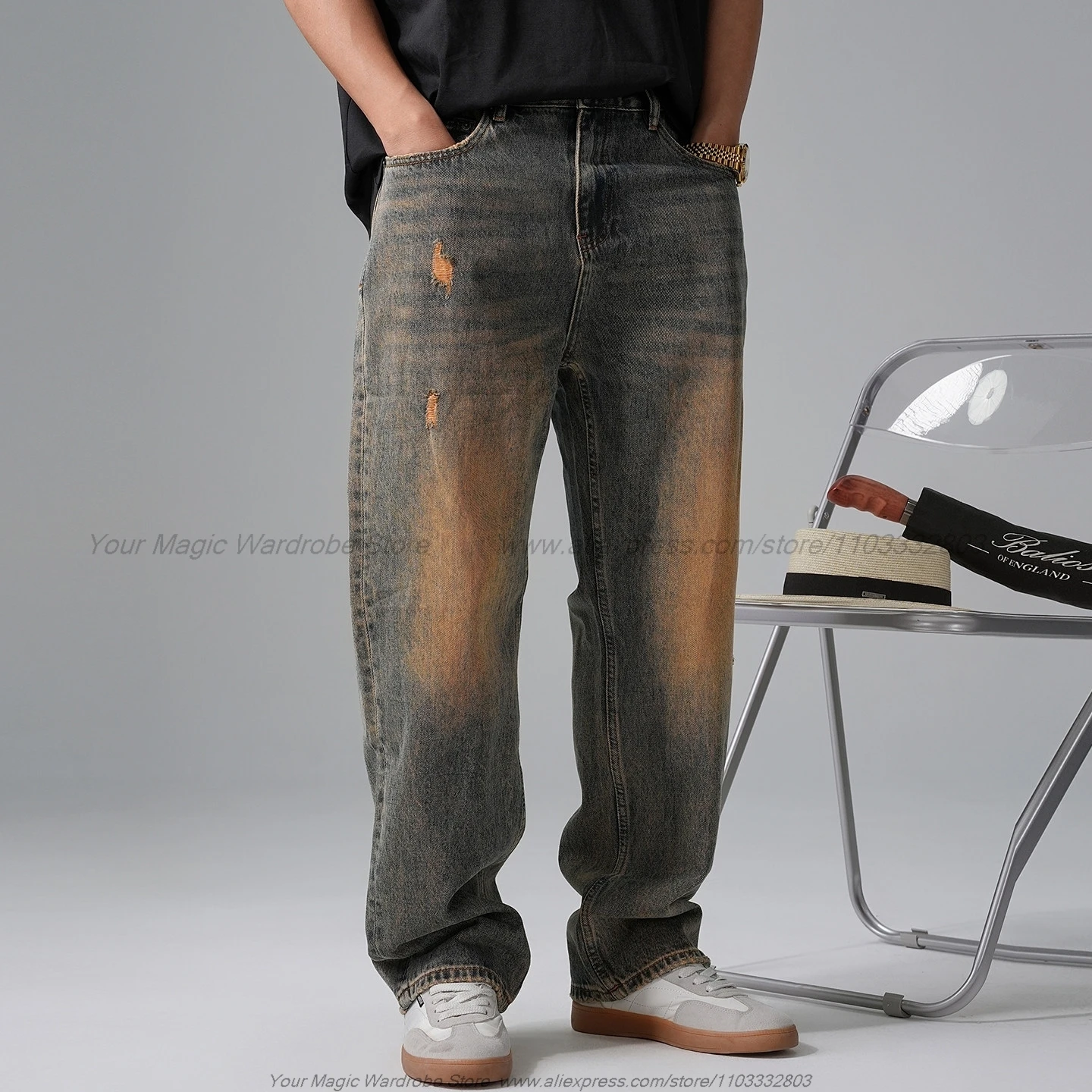 Fall 2026 Handsome Retro Distressed Post-Apocalyptic Wasteland Style Yellow Mud Dyed Jeans Men's Straight Loose Tapered Pants