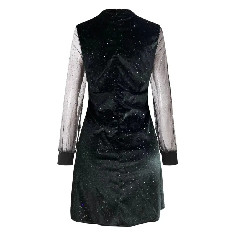 فساتين حفلات أنيقة ترتر للنساء 2025 موضة جديدة شبكية بأكمام طويلة منتفخة فستان قصير لامع فستان سهرة أنيق للنادي #5