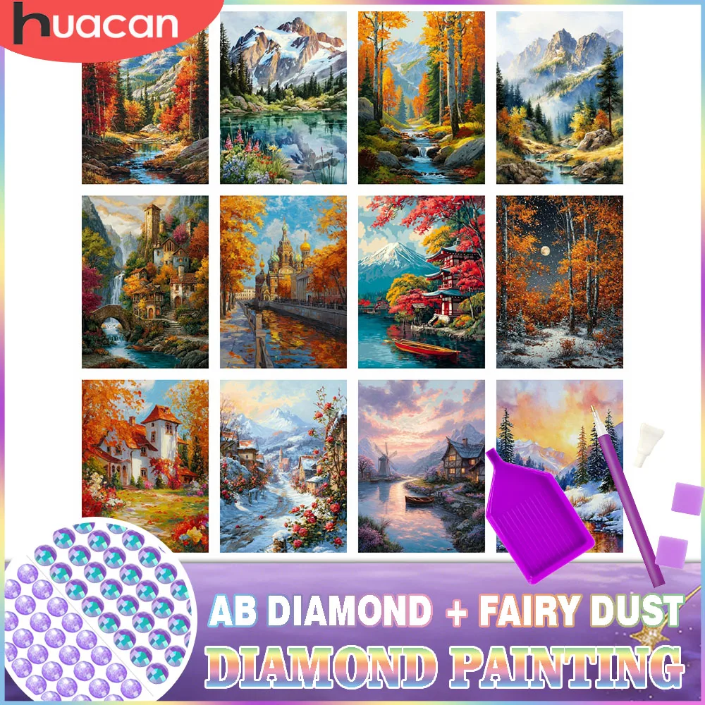 

HUACAN New Diamond Painting 2026 Mountain Forest Landscape Fairy Dust AB Diamond Mosaic 5d House Nature Handicrafts