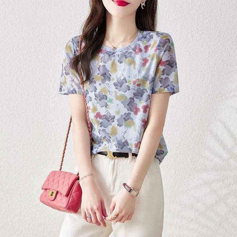 2023 New Summer Fashion Trend Small Fresh Round Neck Print Commuting Simple Casual Loose Versatile Short Sleeve Women\'s Shirt