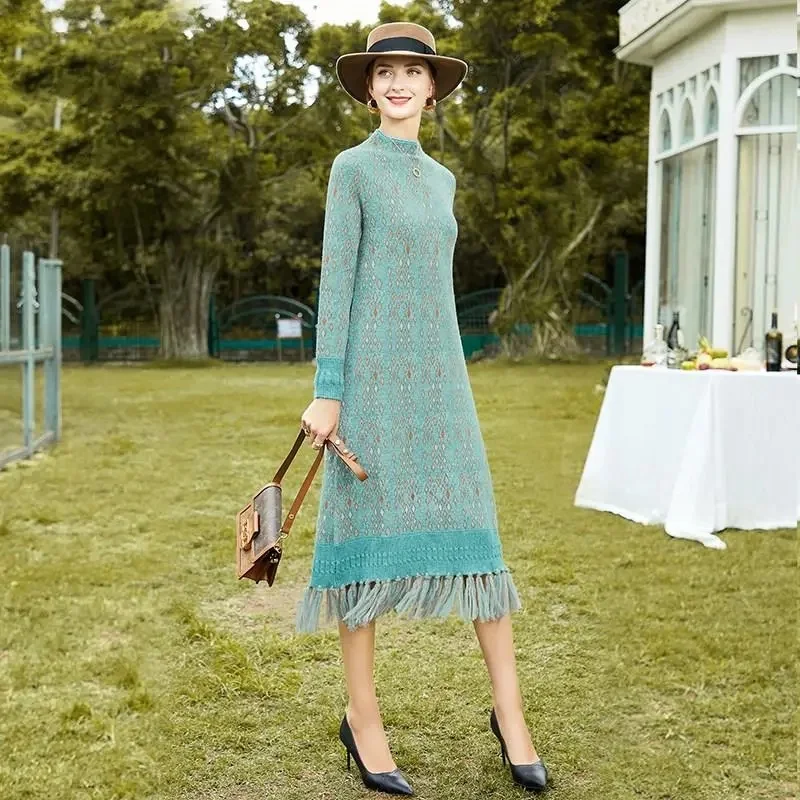 

Женское трикотажное платье с бахромой, длинная юбка-свитер на талии, Осень-зима 2023