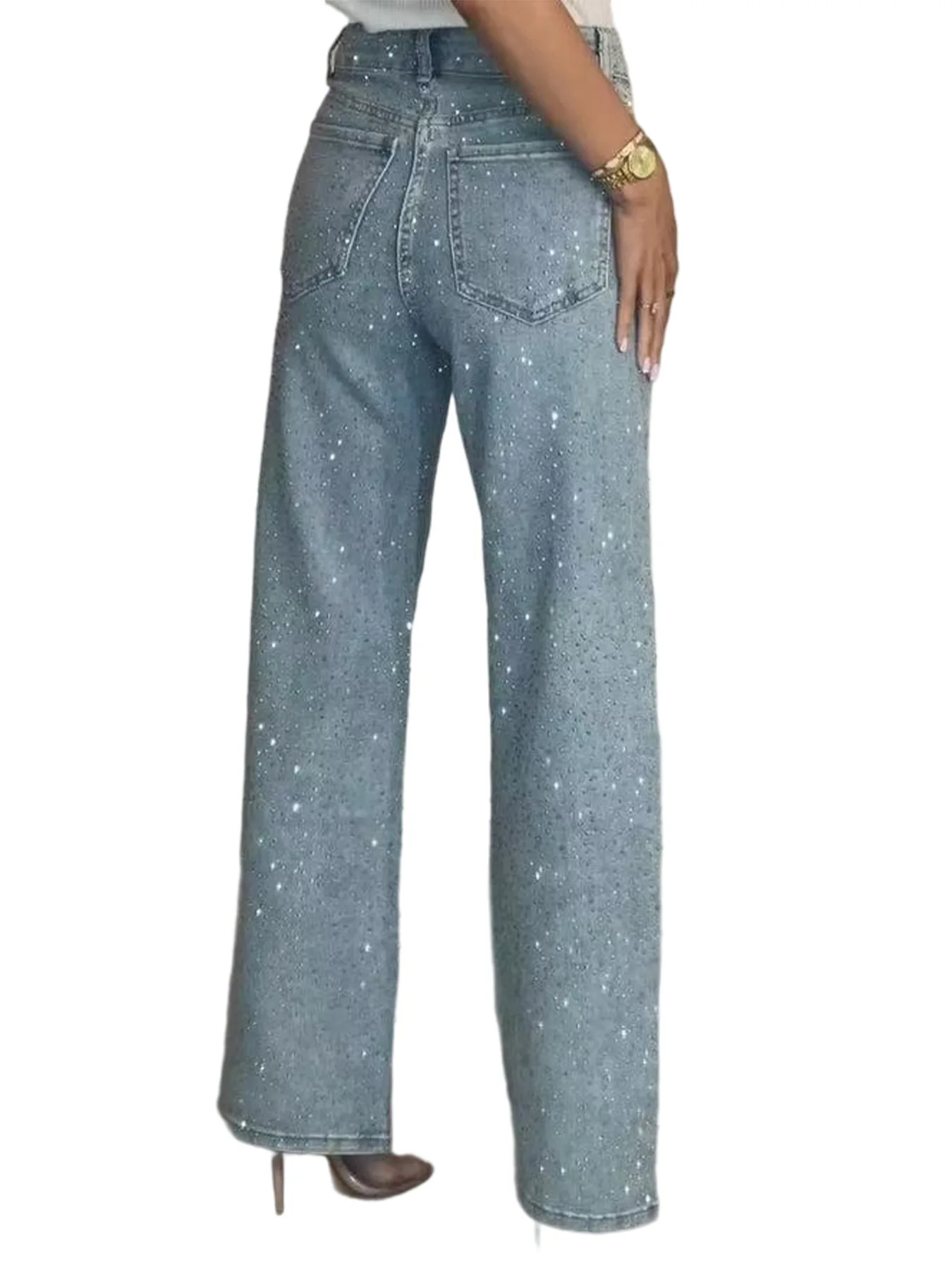 D8751 Export Women's Fashion European and American Style Full Diamond Washed Denim Pants High-Waisted Straight Leg Pants for Gir