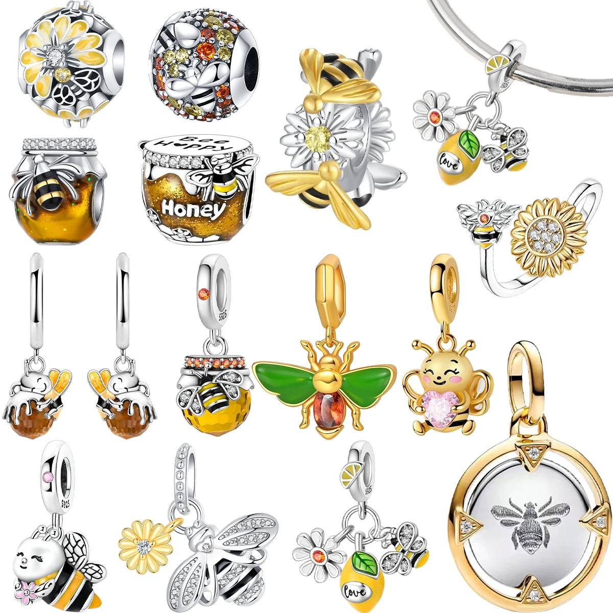

New Original 925 Sterling Silver Bee Charms Honey Earrings Ring Beads Pendants Fit Bracelet Necklace DIY Jewelry Gift