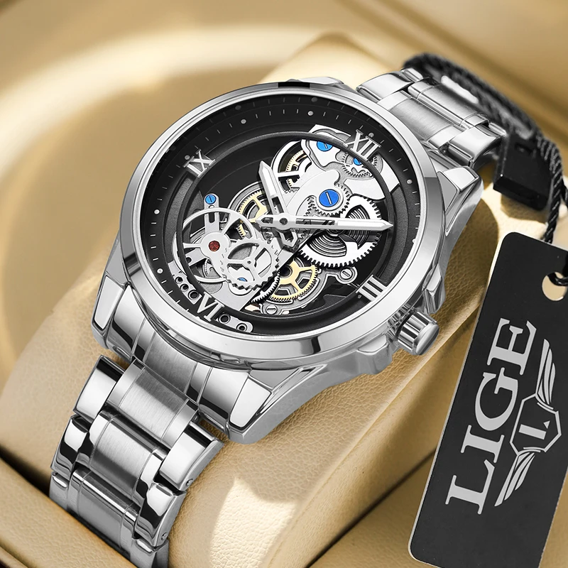 LIGE Luxury Business Quartz Man Watch Hollow Out Fashion Simple Men\'s Watches Waterproof Stainless Steel Band Luminous Clock+Box