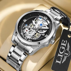 LIGE Luxury Business Quartz Man Watch Hollow Out Fashion Simple Men's Watches Waterproof Stainless Steel Band Luminous Clock+Box