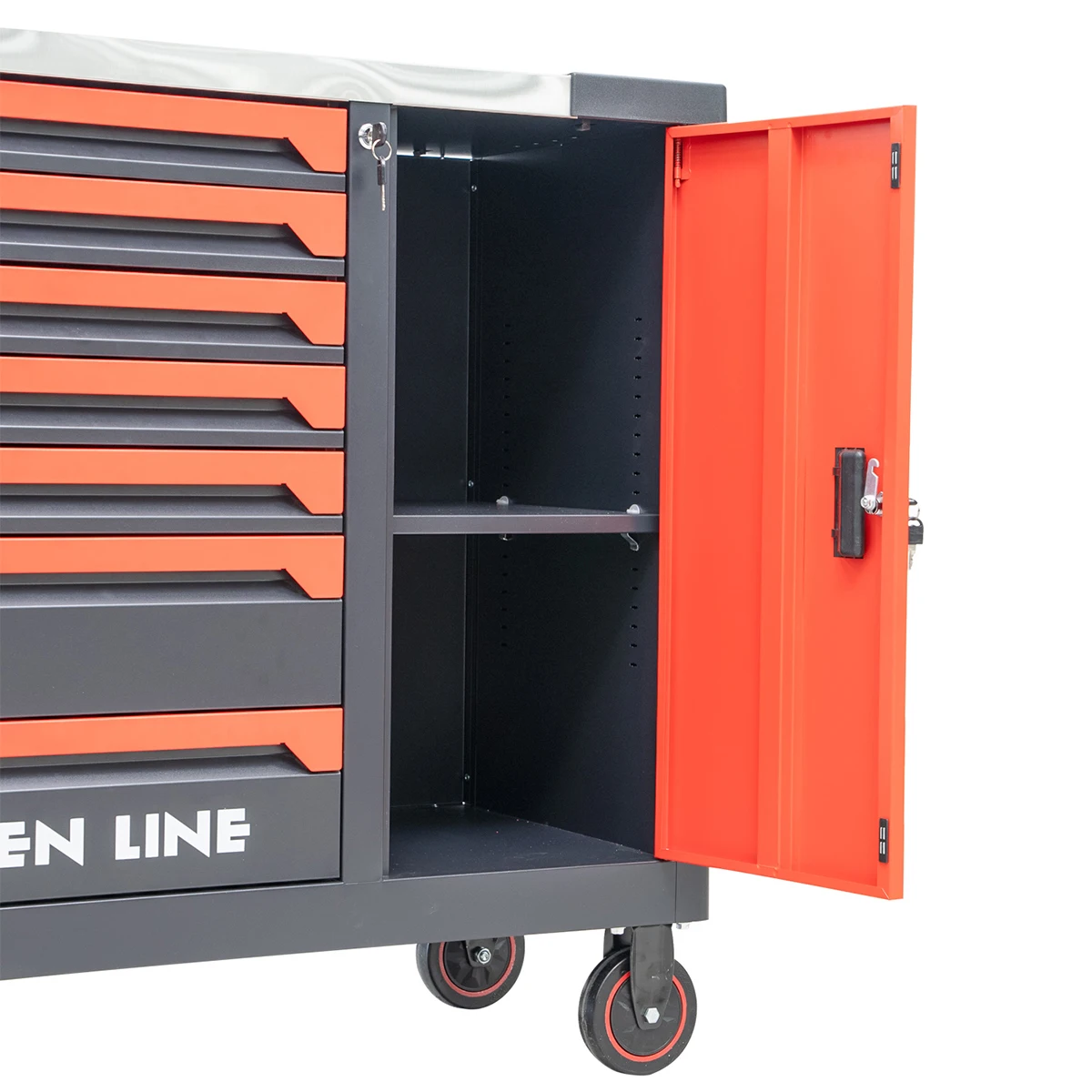 صندوق أدوات فولاذي أحمر قابل للقفل مكون من سبعة أدراج مكون من 258 قطعة مجموعة أدوات حديد شديدة التحمل مع باب لمتجر إصلاح السيارات ودعم OEM