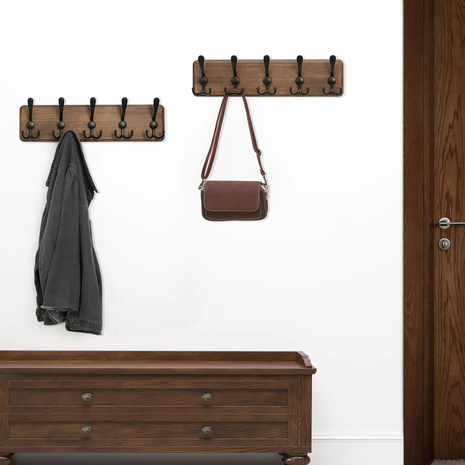 

Webi Coat Rack Wall Mounted,Wood Coat Hooks Wall Mounted,16"" Hole To Hole,Coat Hanger Wall Rustic Hook Rack Rail,5 Triple