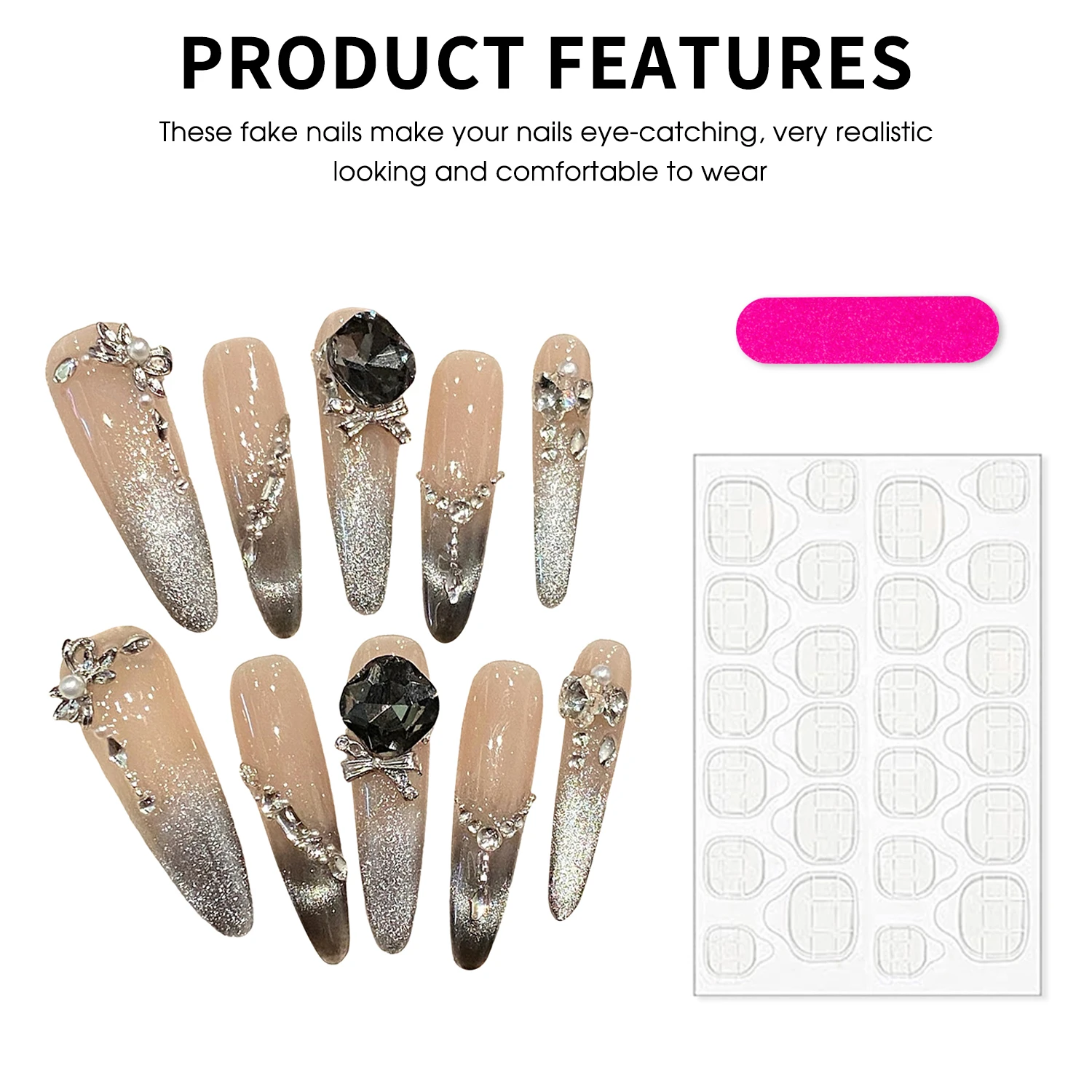 Metaliczne, bardzo długie sztuczne paznokcie Almong z diamentami, ręcznie robione paznokcie dociskane, efekt kociego oka, czarny gradient, noszone końcówki paznokci w kształcie migdała.