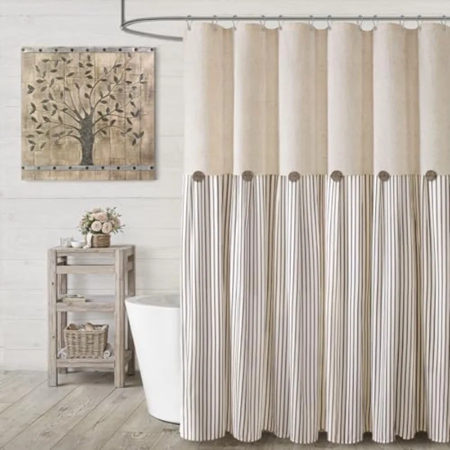 

Farmhouse Shower Curtain Linen Beige Button Woven Fabric Country Rustic Western Pleated Brown Stripe 72" W x 72" L