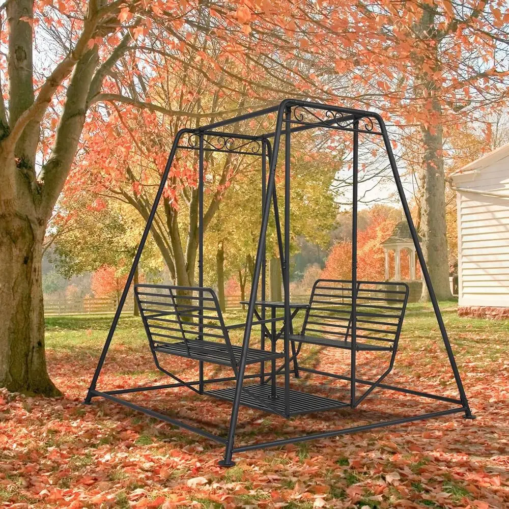 Sturdy 4-Person Outdoor Swing Chair with Stand, 880lbs Capacity Metal Swing Bench, 87 High Garden Patio Set