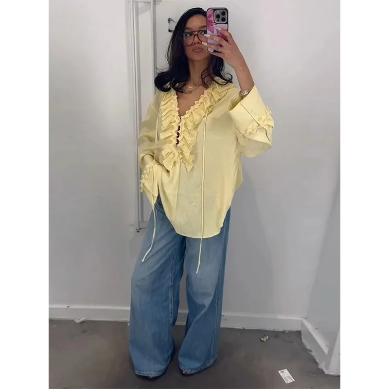 

Bonny Women's Chiffon Shirt Lace Up V-Neck Boho Blouse with Ruffle Flare Sleeves 2025 Summer Beach Cover Up Loose Vacation