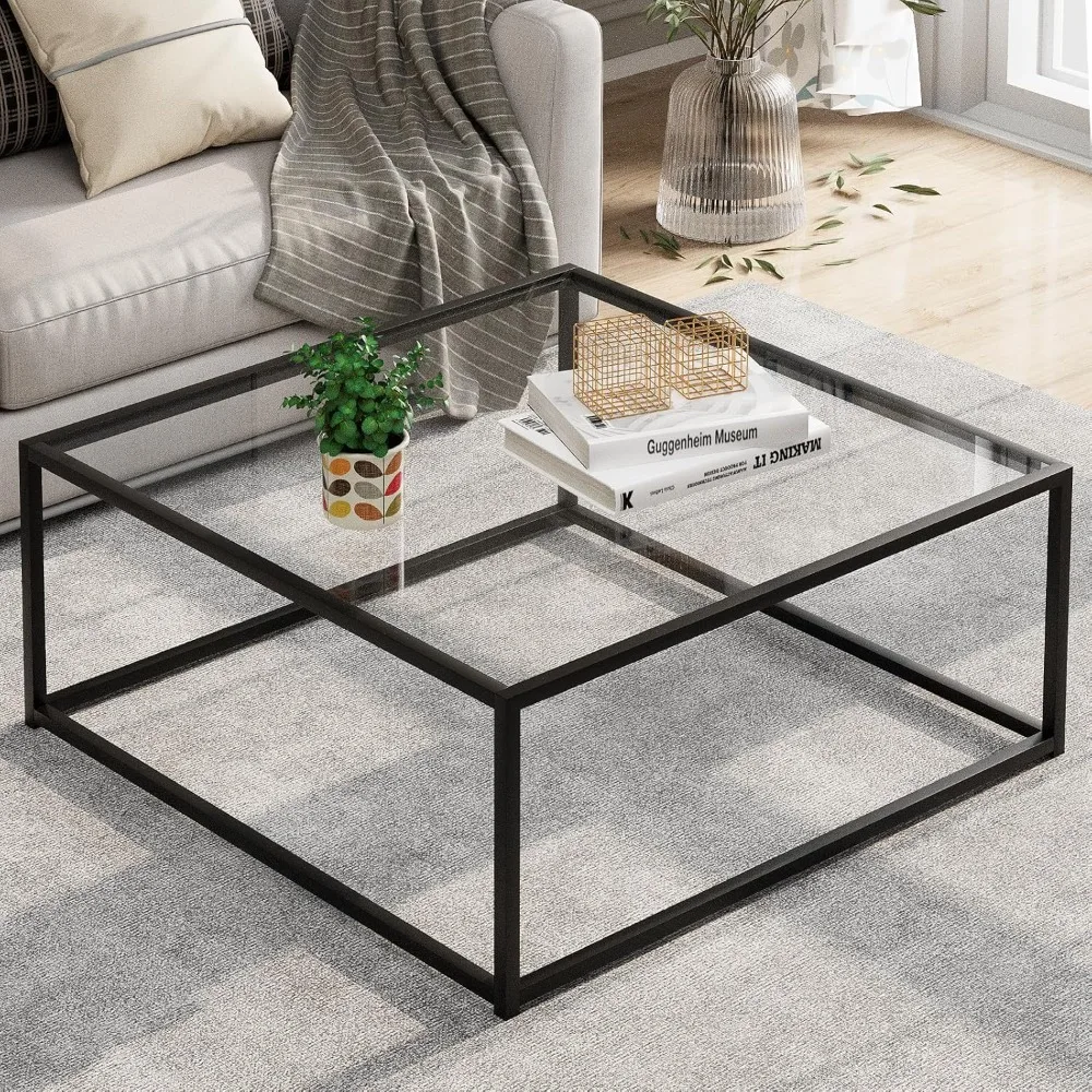 

Black Glass Coffee Table for Living Room,Square Coffee Tables for Small Spaces,Simple Tea Cocktail Modern Center Tables, Living