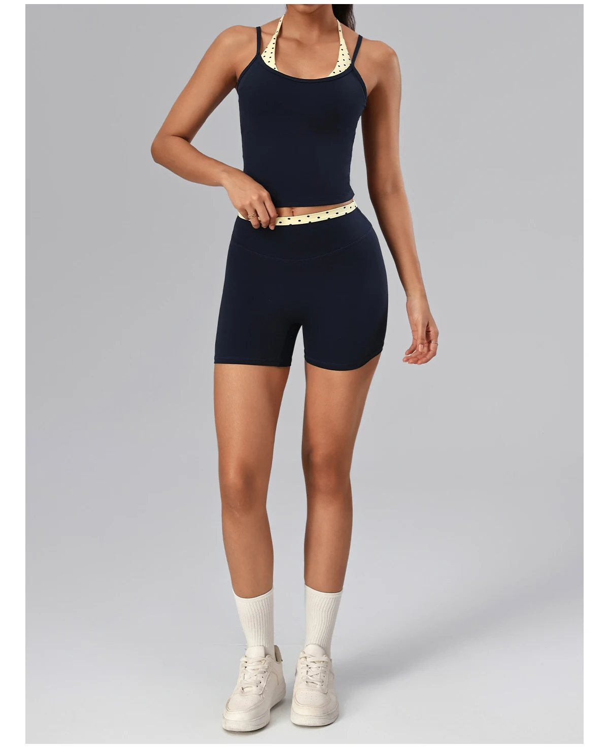 Hearuisavy 2Pcs Gym Set Women Polka Dot Patchwork Sports Yoga Vest High Waisted Shorts Wide Leg Straight-Leg Pants With Pockets