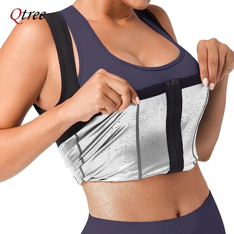 Qtree Women Sweat Sauna Suits Compression Body Shaper Belly Trimmer Vest Waist Trainer Corset Slimming Zipper Jacket Workout Top