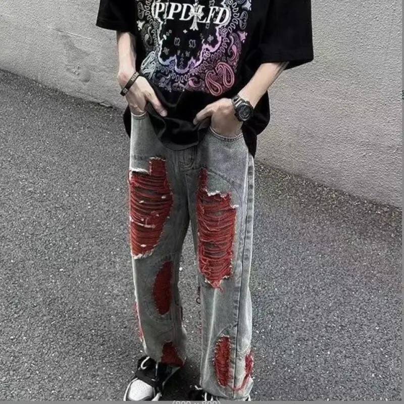 High Street Harajuku Baggy Jeans Men Bottom Gothic Hollow Out Ripped Straight Leg Pants Dark Punk Oversize Denim Trousers w795