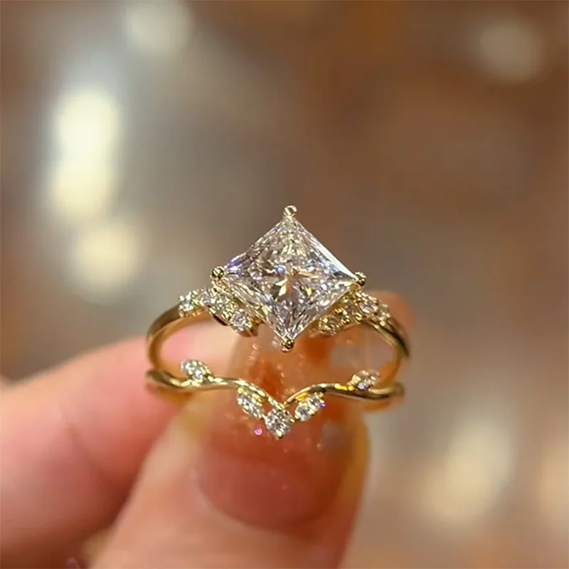 Classic Retro Princess Square Diamond rings for women Stacked Style V-Ring Unique Fashion Two Piece Set Ring Jewelry Gift