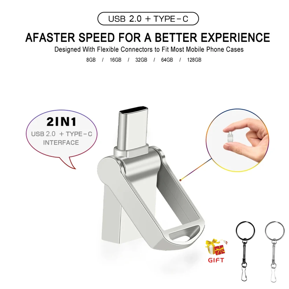 Metal USB 2.0 Flash Drive 2 IN 1 Mini USB and Type C Pen Drive 32GB 64GB 128GB Pendrive Memory Stick Flash Disk For PC Phone