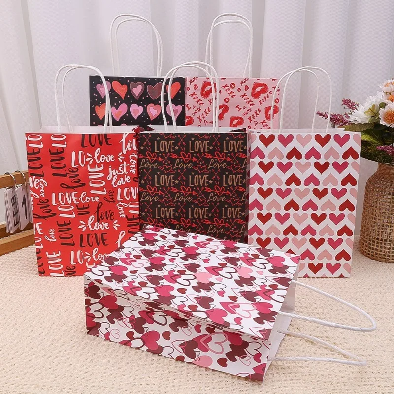 Heart Pattern Paper Gift Bag with Handles Paper Craft Shopping Love-Themed Tote Bag Wedding Valentine Day Gift Party Candy Pouch