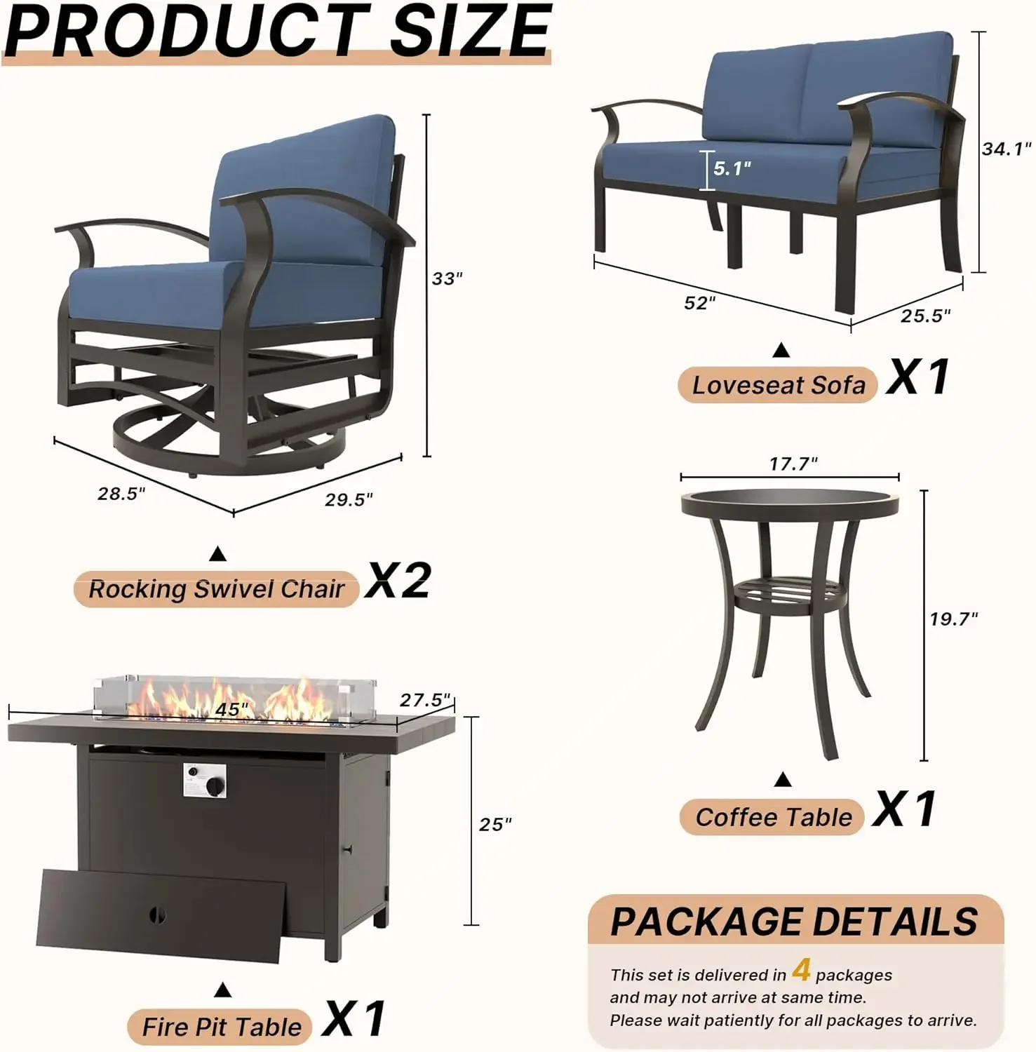 Aluminum Patio Furniture Set with Fire Pit Table,Modern Outdoor Conversation Set Sectional Sofa for Balcony Porch Pool Backyard