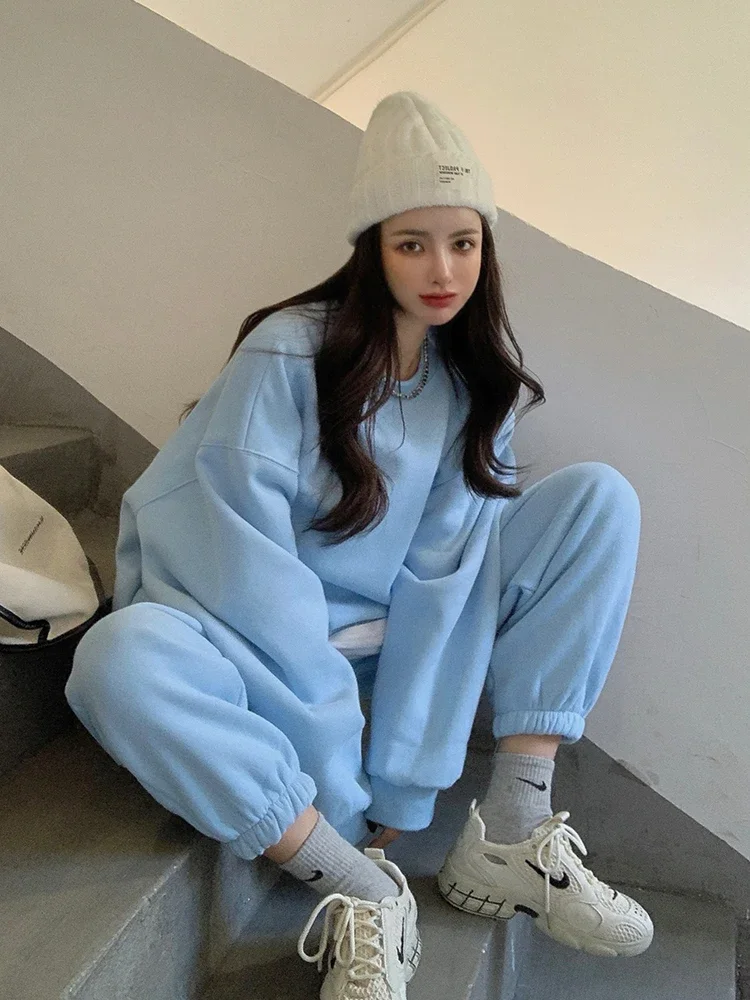 Winter Plus Velvet Tracksuit Women New Fashion Casual Two Piece Sets Woman Korean Loose Sweatshirts and Sweatpants