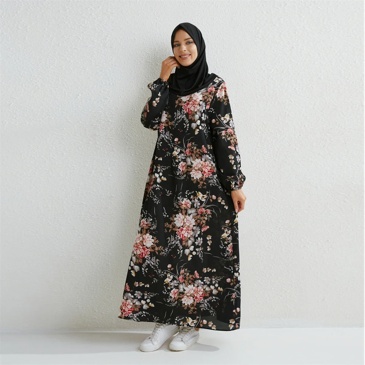 

Muslim Dresses Abaya Women Maxi Dresses Mujer Vestidoes Female Loose Dresses Full Sleeve Printed Floral Casual Robe Long Dress