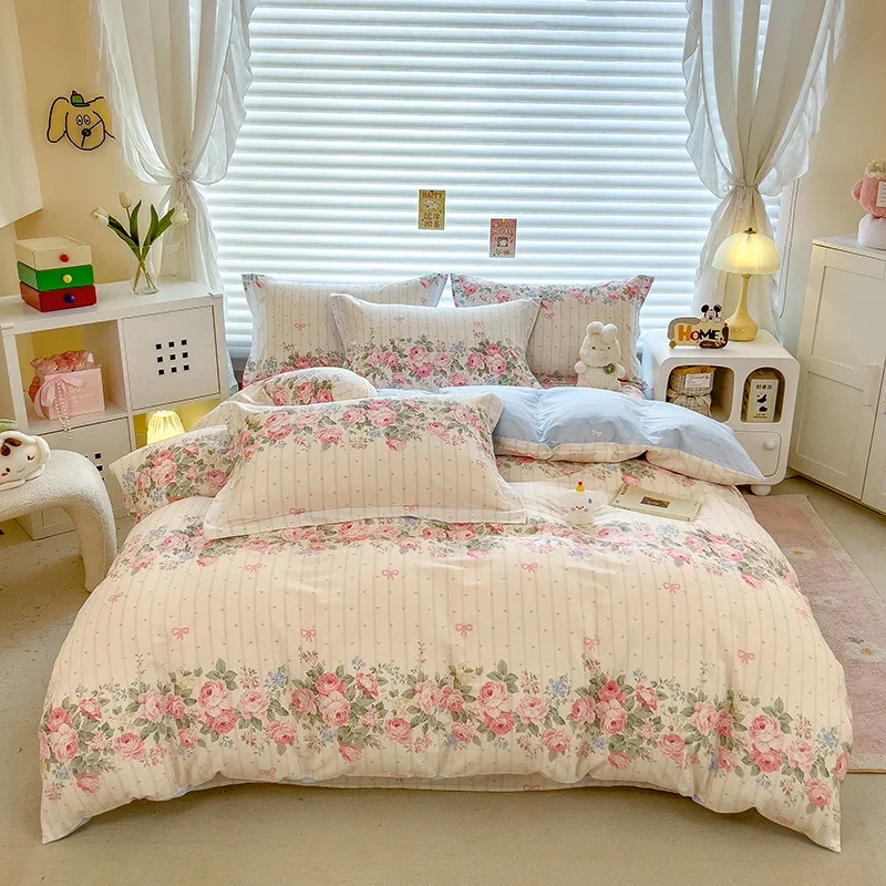 Elegant Floral Cotton Duvet Cover Set Watercolor Flowers Striped Pattern Comforter Covers 3 Pieces Soft Breathable Bedding Sets
