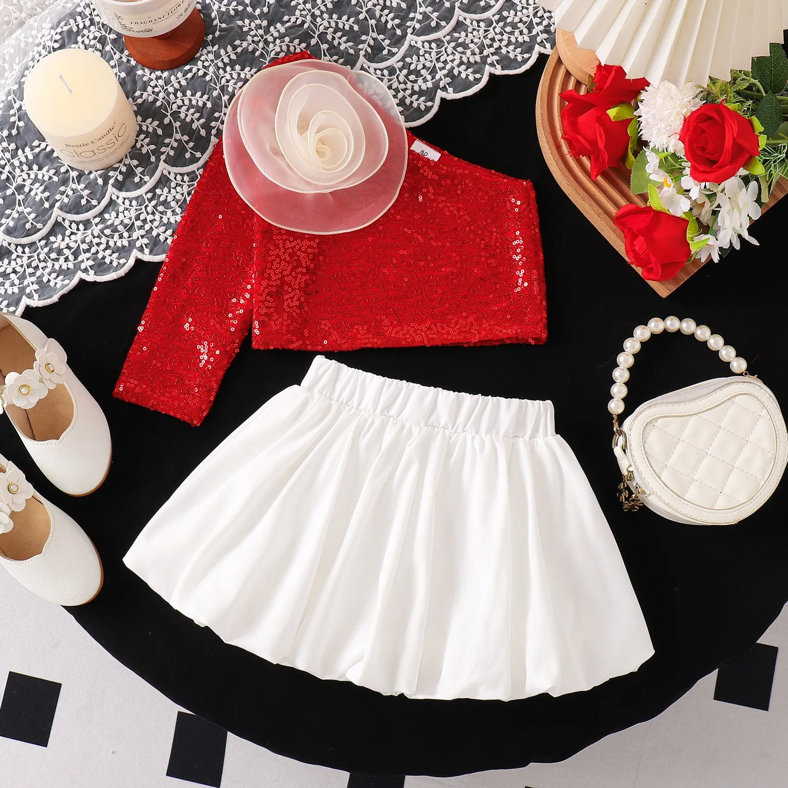 

New Arrival Kids Red Asymmetrical Shoulder Blouse Shiny Stereo Flower Design, Girls White Short Skirt Matching Set