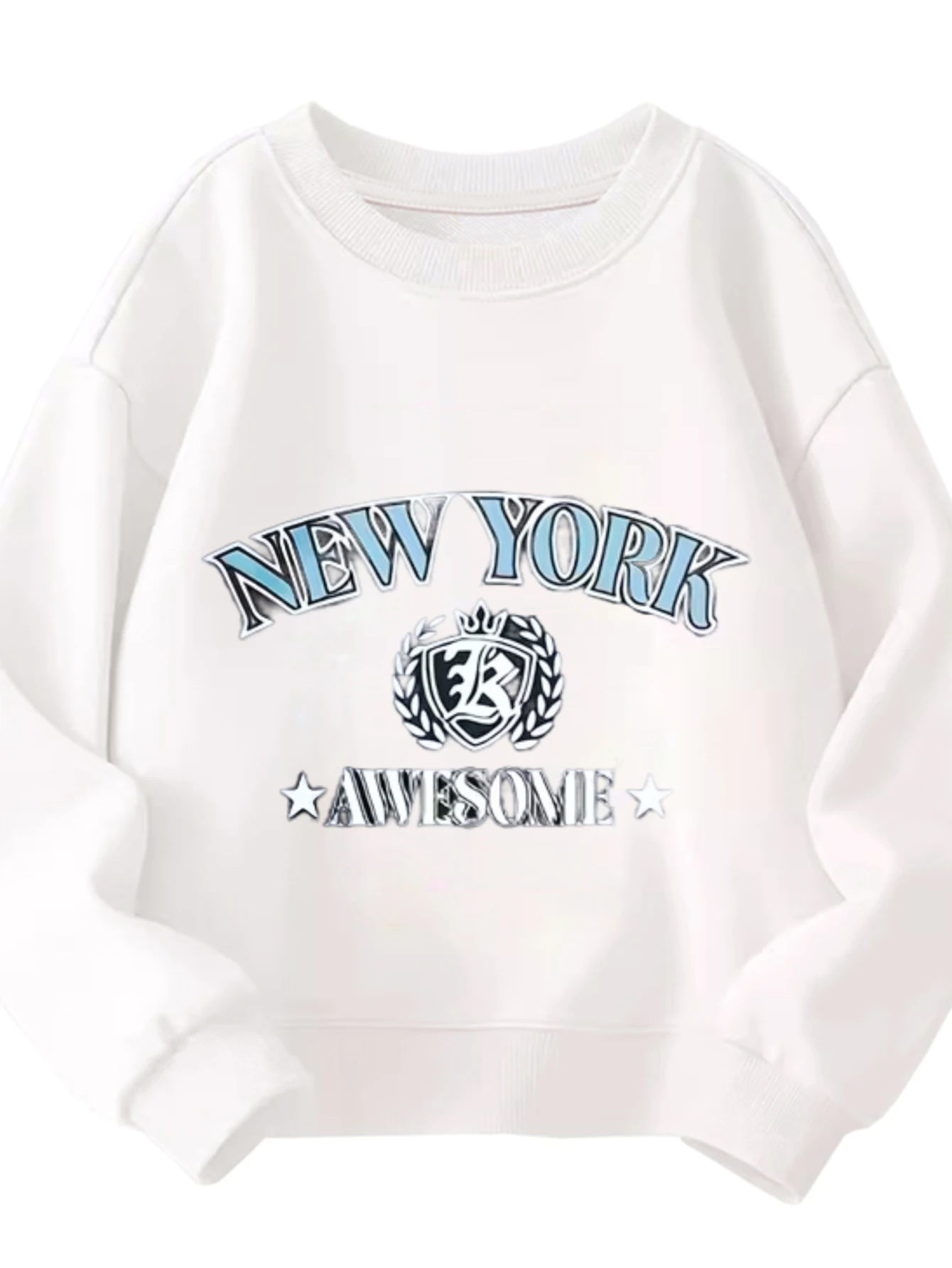 

Kids Crew Neck Sweatshirt New York Awesome Badge Stars Varsity Cool Graphic White Pullover For Urban Style