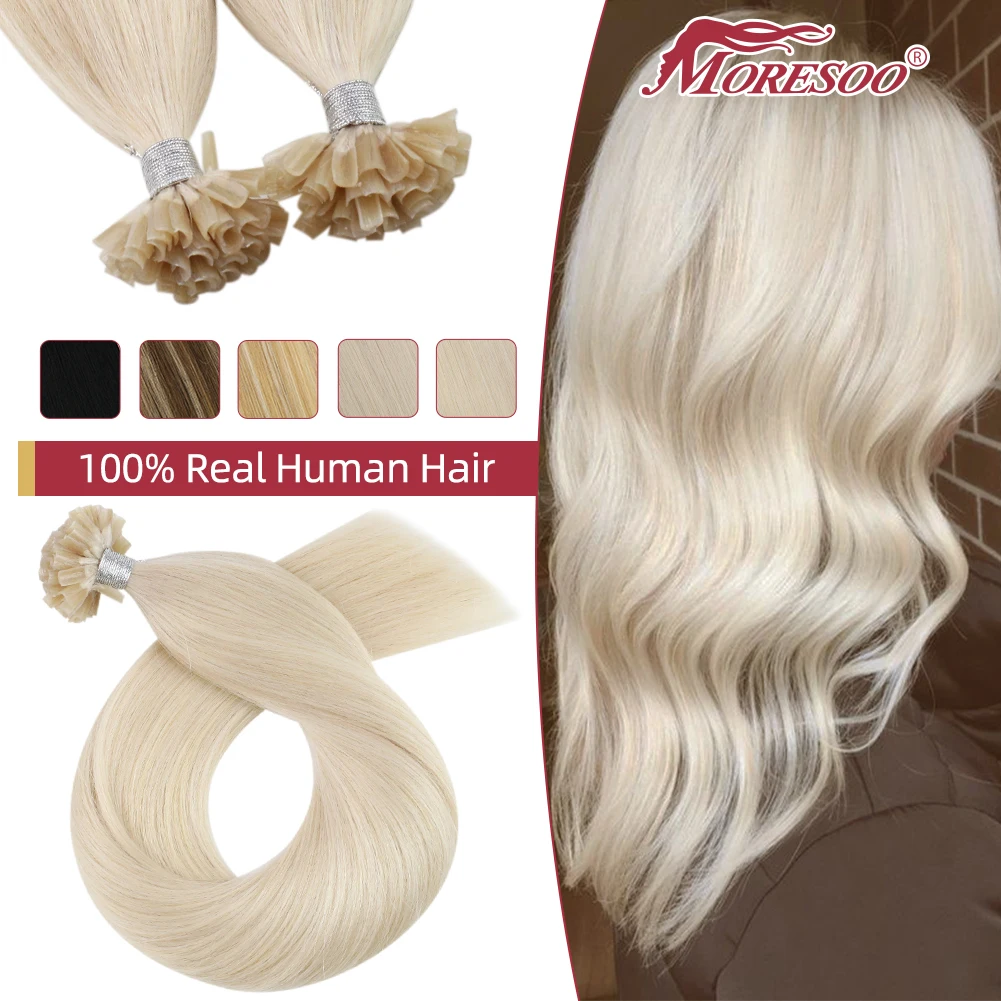 Moresoo U Tip Hair Extensions Human Hair Keratin Straight White Blonde Hot Fusion 100% Natural Human Hair Machine Remy Nail Tips