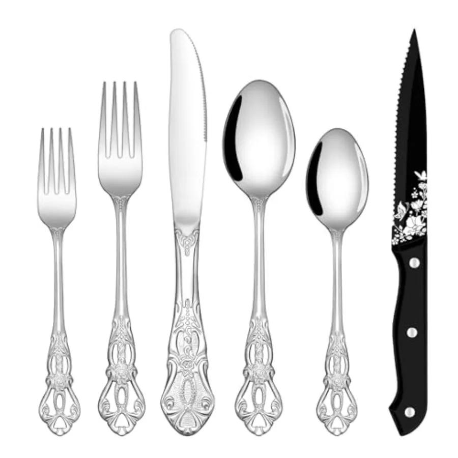 

Набор столовых приборов из 48 предметов для 8 персон, роскошный ретро-стиль, с ножами для стейка, из высококачественной нержавеющей стали, винтажные столовые приборы