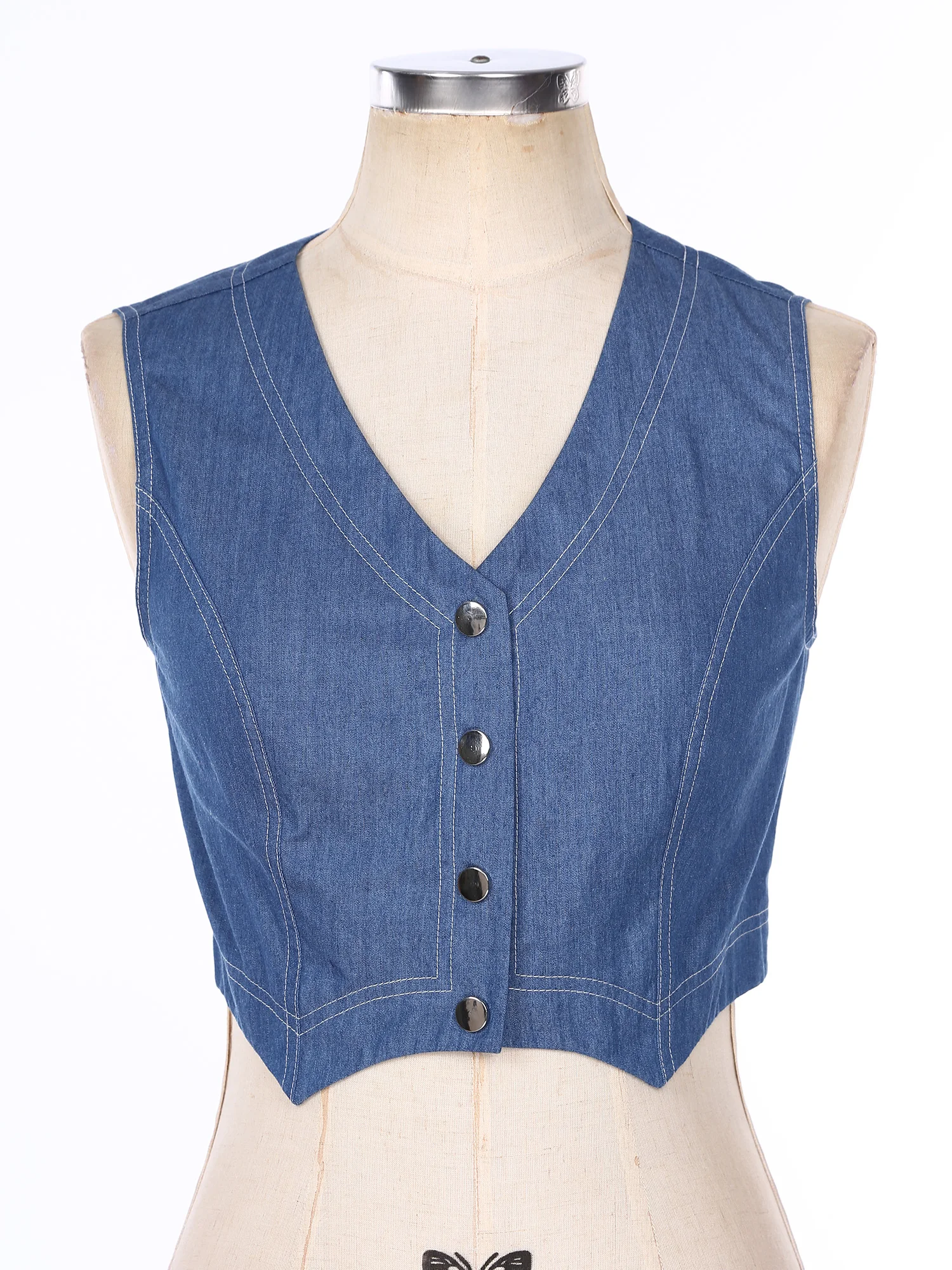 Women Fashion Irregular Hem Denim Cropped Vest Top Casual V-neck Sleeveless Press Button Jean Waistcoat