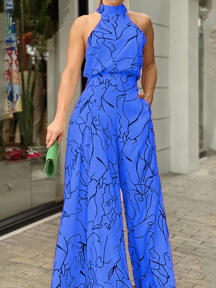 Women Abstract Print Halter Wide Leg Jumpsuit 6