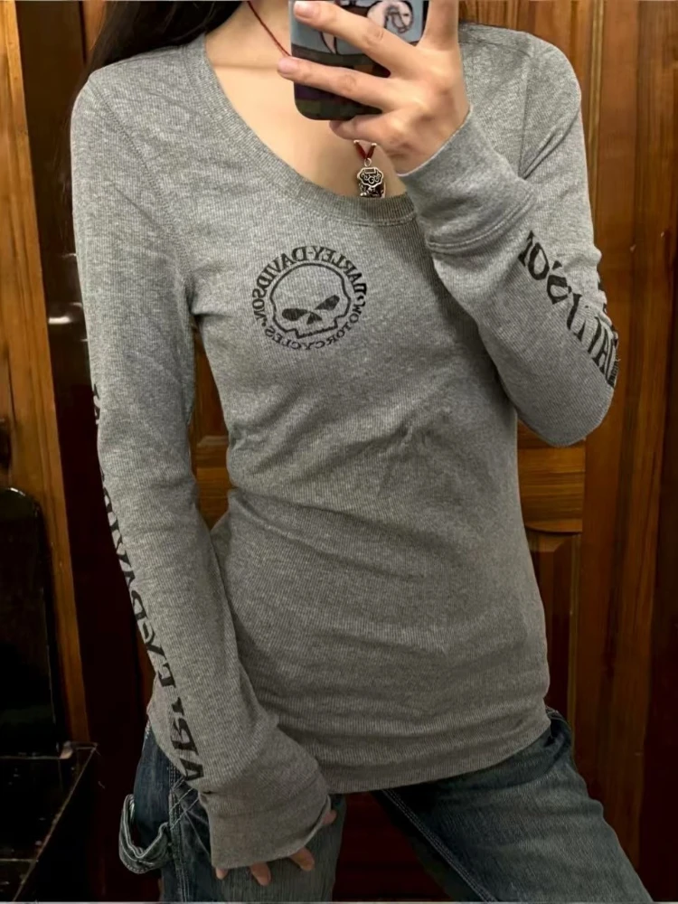 

HOUZHOU Harajuku Gothic Y2k T-shirt Women Japanese Style Vintage Gray Graphic T-shirt Grunge Retro Punk Long Sleeve Tees Slim Up