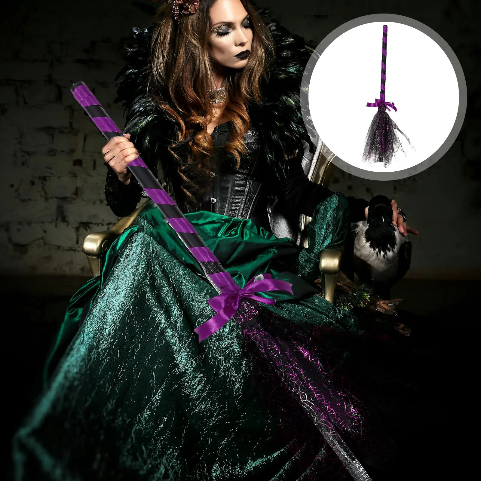 

Halloween Witch Broom Decor Plastic Gauze Detachable Cosplay Accessory Unique Design Lightweight Party Halloween Witch Broom