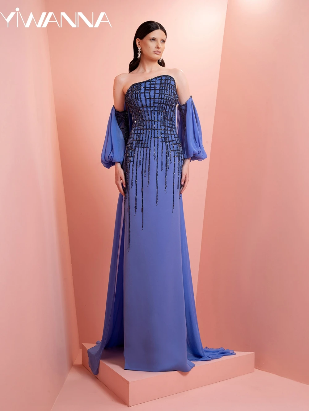 

Black Shiny Beaded Long Evening Dress Detachable Sleeve Strapless Mother Of The Bride Dresses For Wedding Customized Party Gown