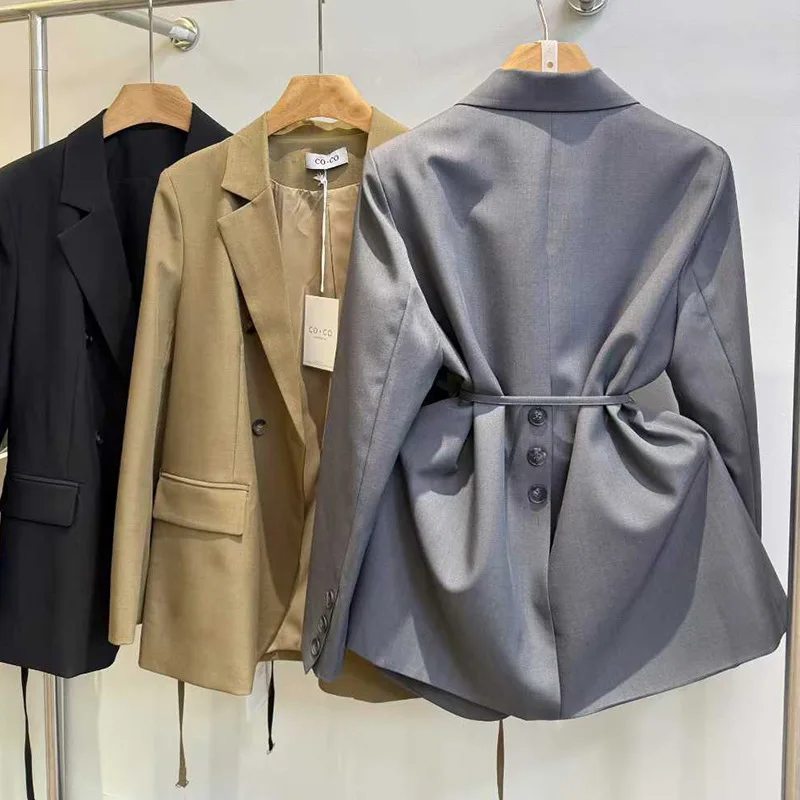 SuperAen 한국 스타일 Office Lady Blazers Slit Back 가을 2025 새로운 회색 캐주얼 긴팔 오버 사이즈 루즈 블레이저