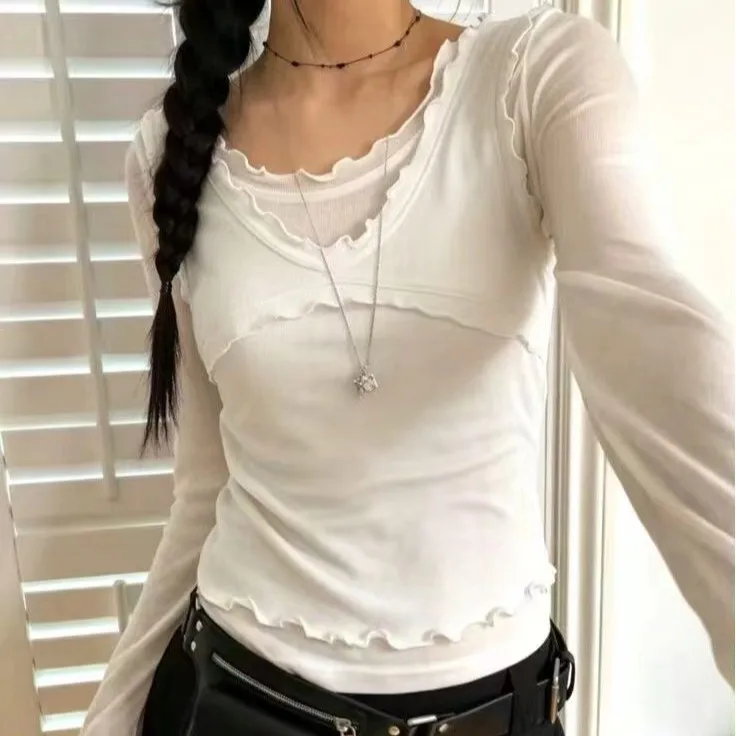 Slim Fit Two-Piece Set Simple Lace Trim Top Vest Casual Wear Polyester Long Sleeve T-Shirt for Young Women
