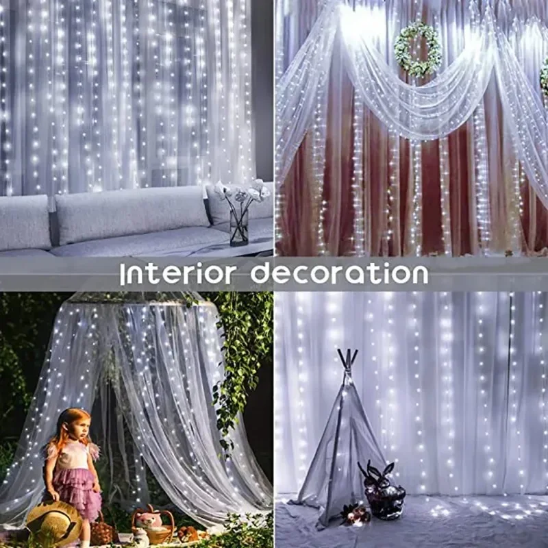 Guirnalda de luces de cortina USB para vacaciones, 8 modos, luz LED, fiesta de boda, jardín, luces de hadas, sala de estar, adornos navideños para el hogar