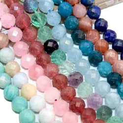 Natural Stone Faceted Rose Quartz Aquamarines Amazonite Round Spacer Beads For Jewelry Making DIY Bracelet Necklace 7.5''inches