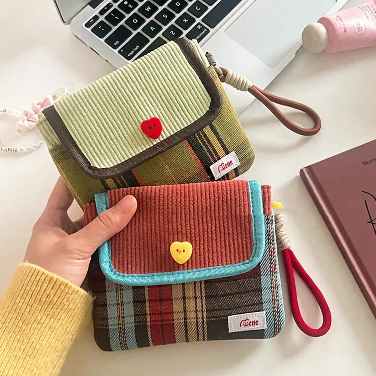 

Corduroy & Plaid Mini Crossbody Pouch with Heart Button Closure