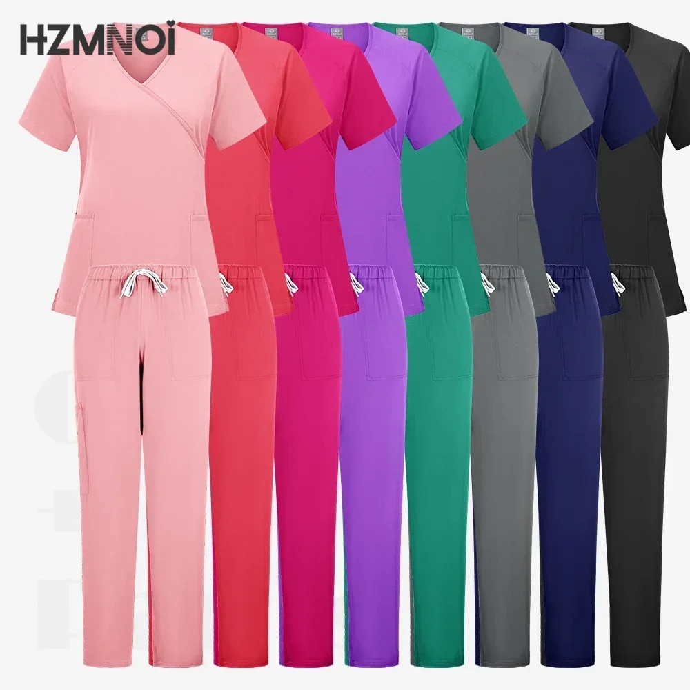 

Hospital Uniforms Wholesale Tops Jogger Pants Medical Scrubs Set Women Nursing Workwear Scrubs Nurse Uniforms Many Pockets Suits