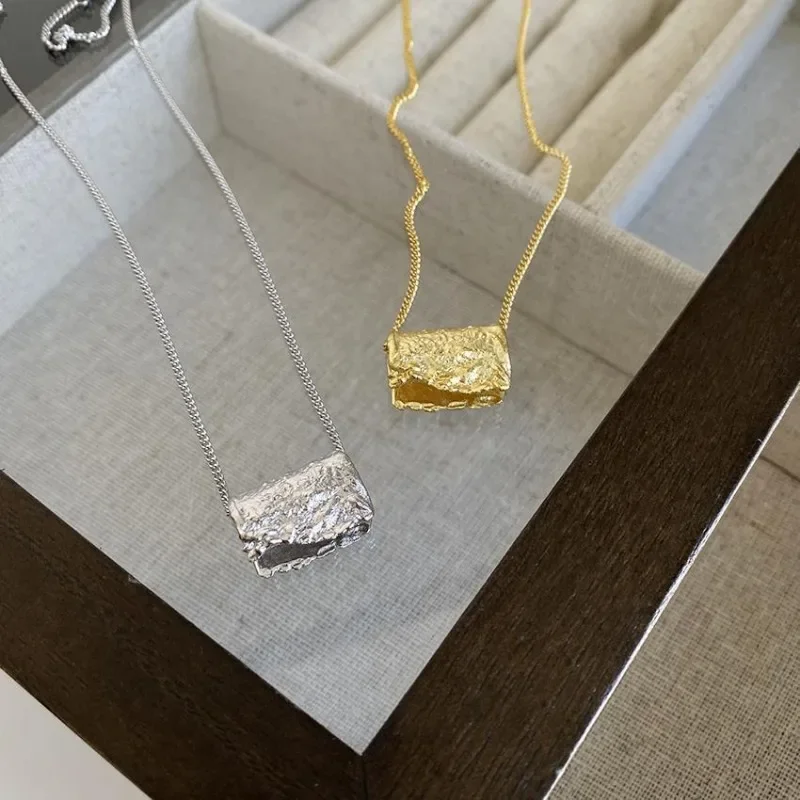 High quality Glossy wrinkled square pendant necklace for women silver 925 irregular Geometric texture colla chain jewelry gift