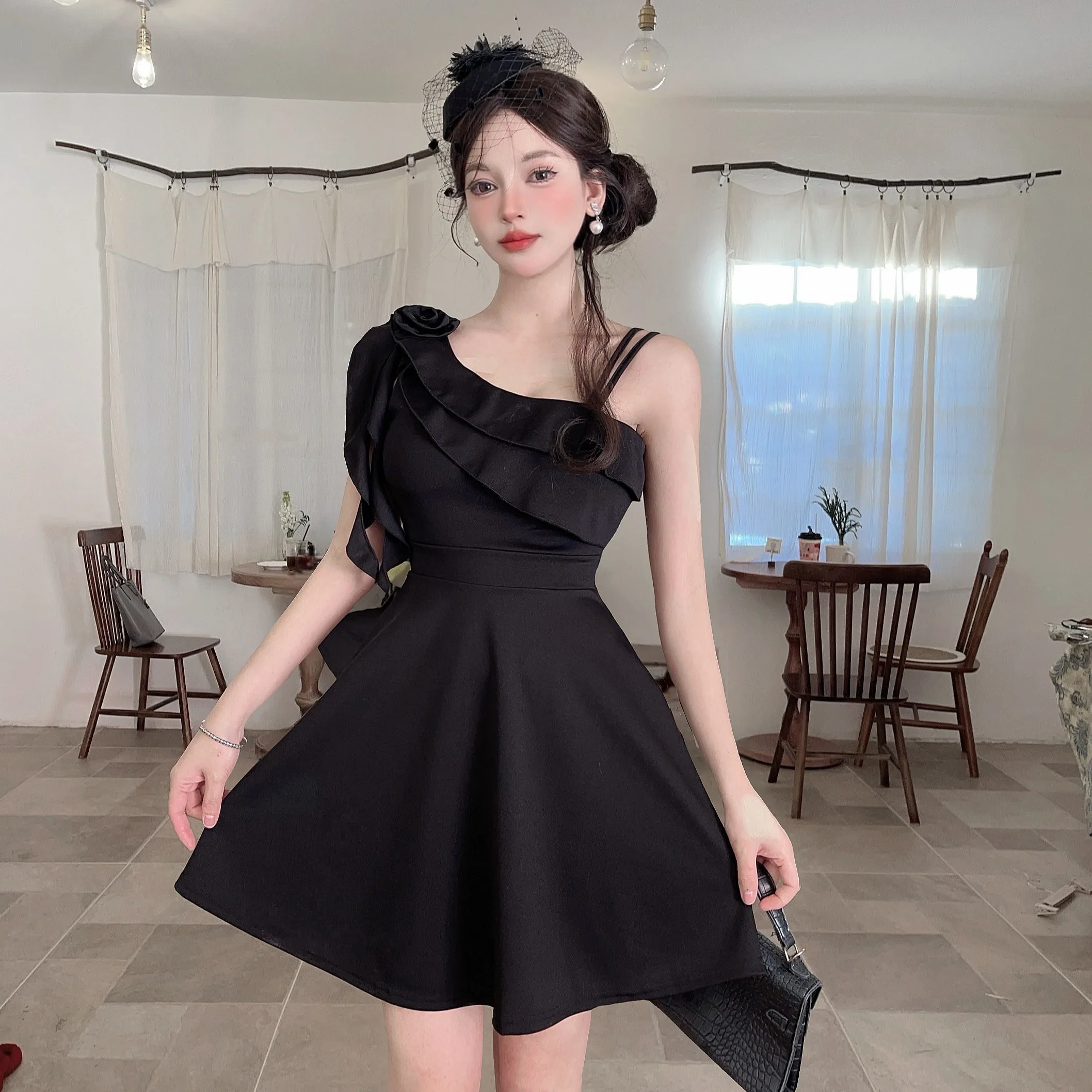 Low Cut Floral  ort Sve Base Layer One oulder Dr Commute Korean Sle High Waist Autumn Winter New Women's Dr