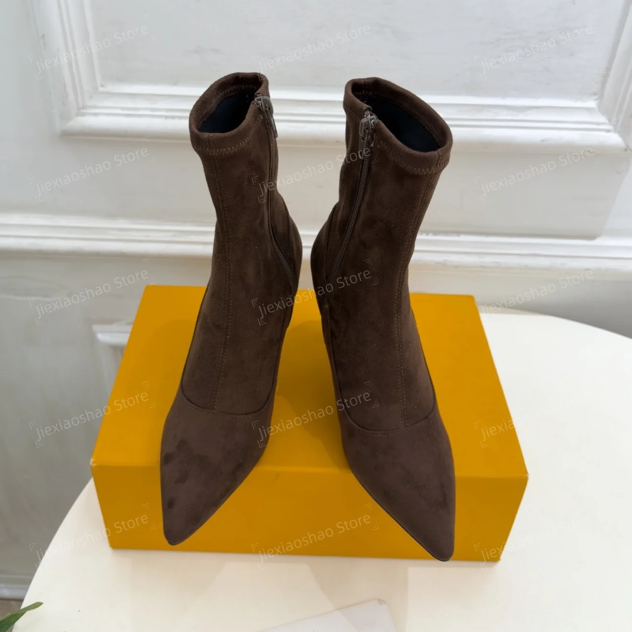 2026 New Arrival Sexy Cow Suede Pointed-Toes Stiletto Ladies Ankle Boots Socks Shoes Plus Size 41 Pumps Dress Shoes Botas Mujer
